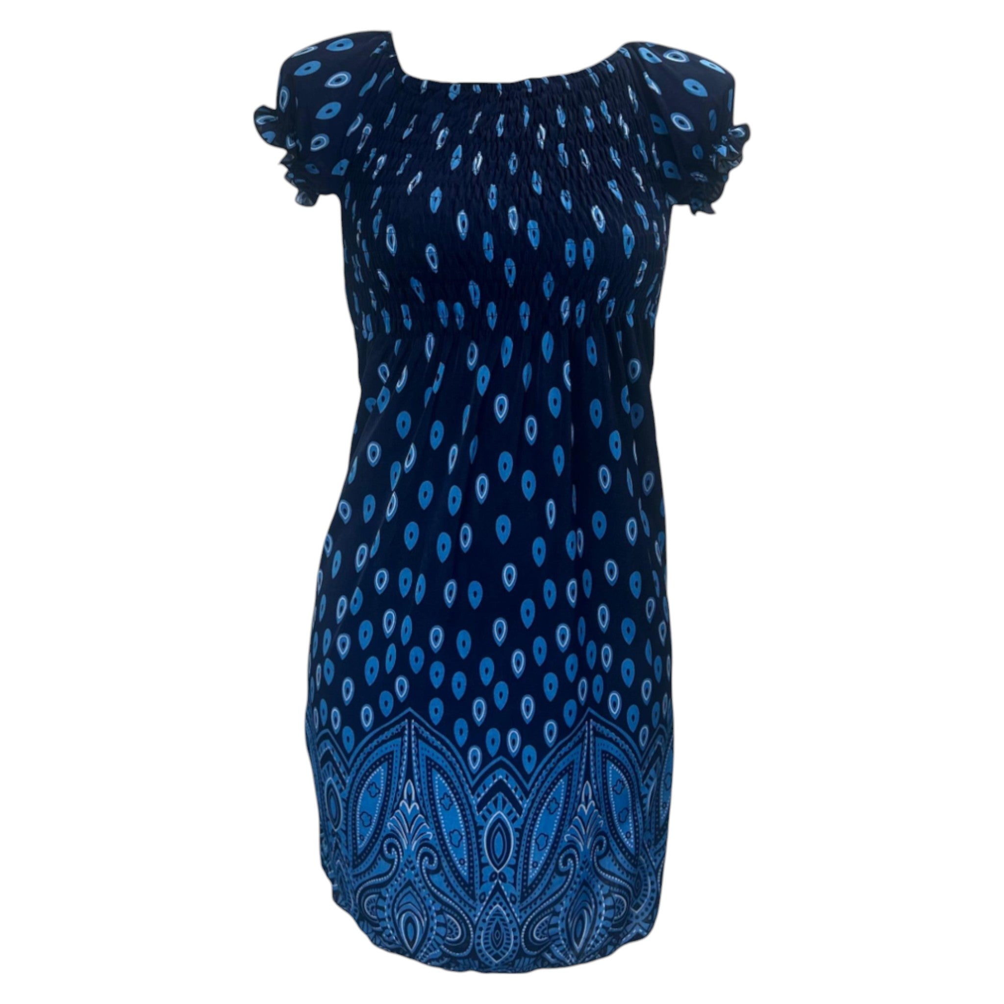 Navy blue summer dress with blue teardrop print and paisley hem β lightweight casual women's beach dress